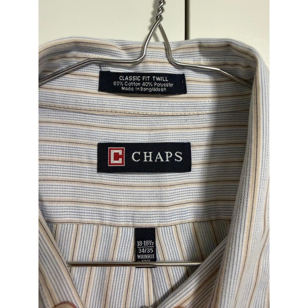 Chaps Button Down Shirt Mens 18-18.5 34/35 Blue Tan Striped Classic Fit Twill - Picture 3 of 9